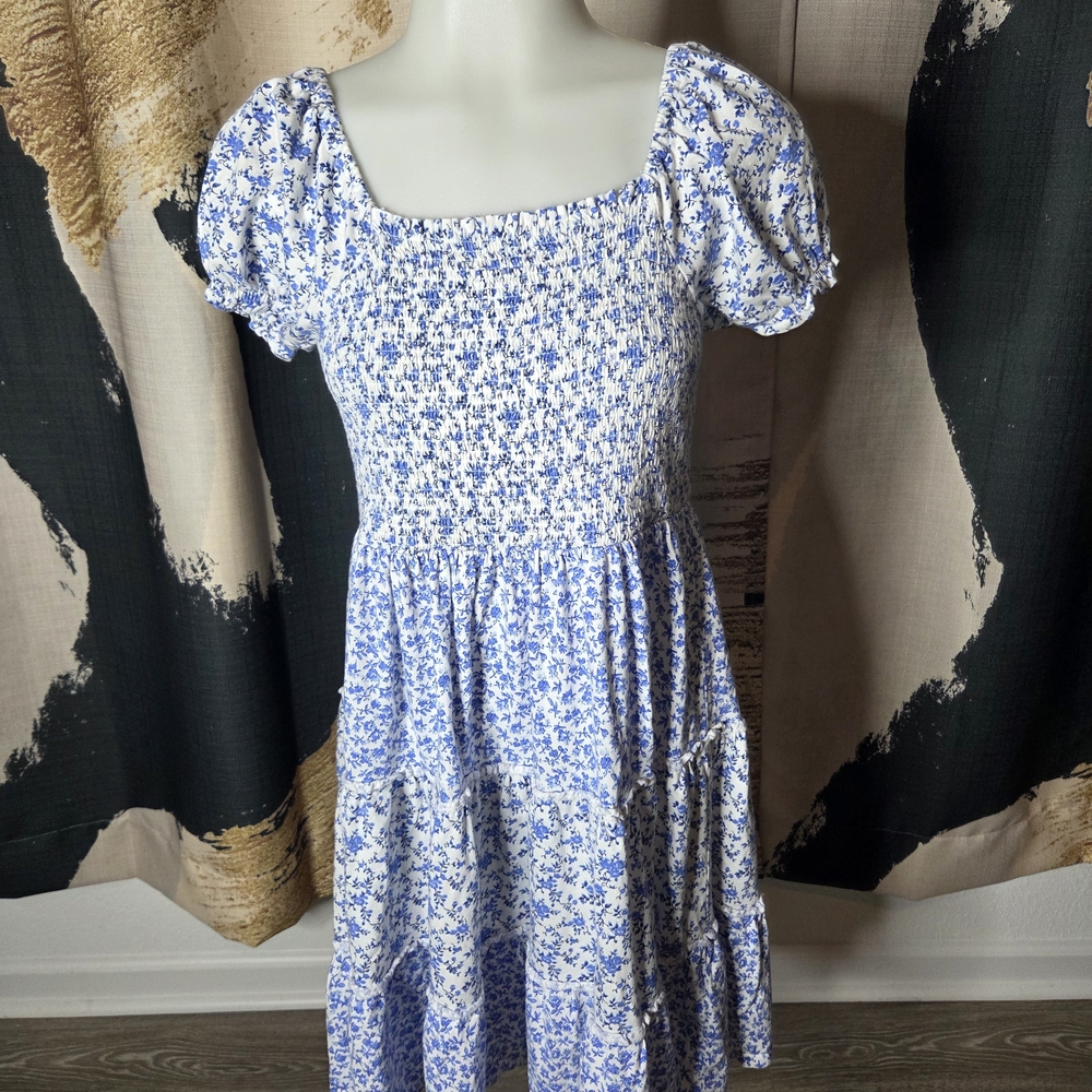 Polo by Ralph Lauren Blue and White Floral Smocked Midi Dress